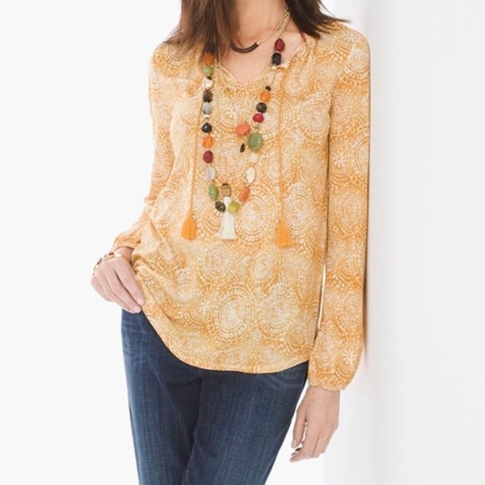 Chico's Endless Medallions Long Sleeve Peasant Top Women's 2 Medium Yellow